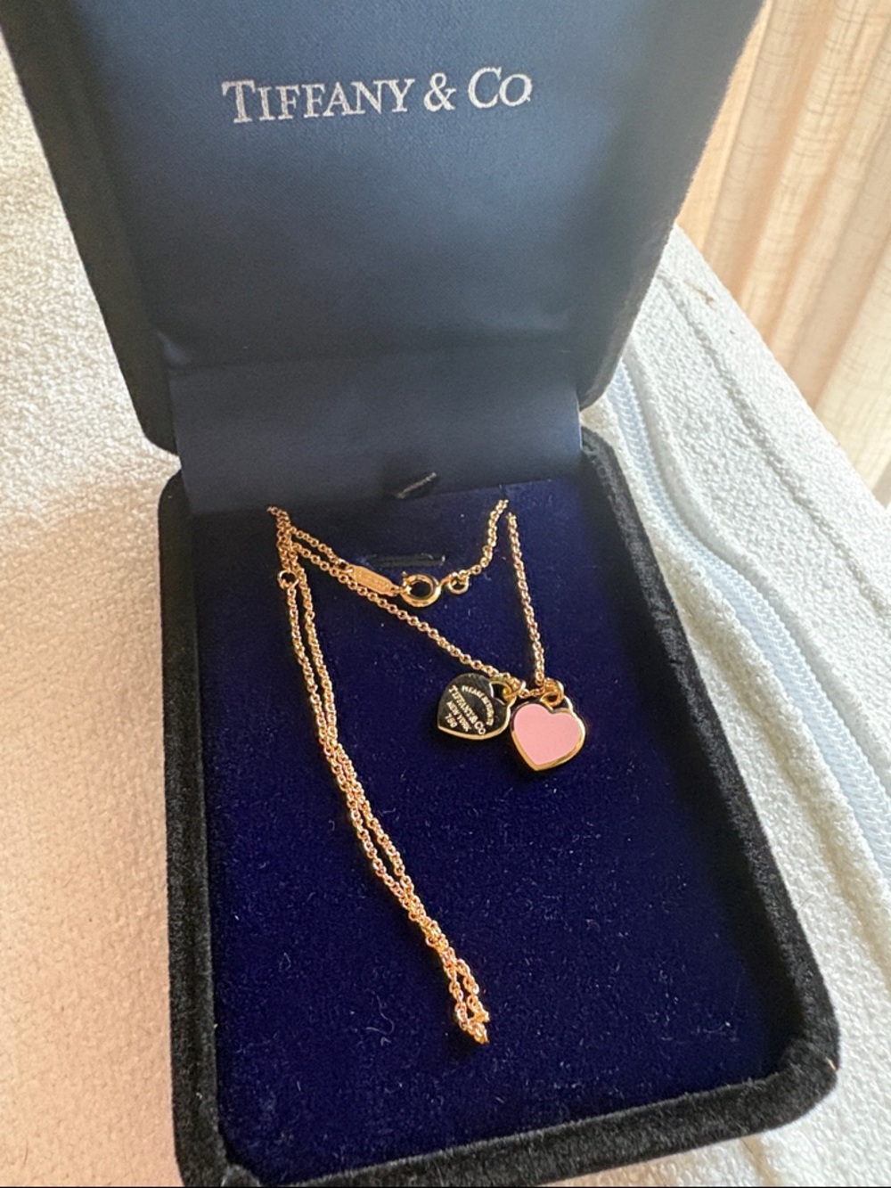 Tiffany & Co. Gold Chain Necklace with Pink Heart and Round Tag